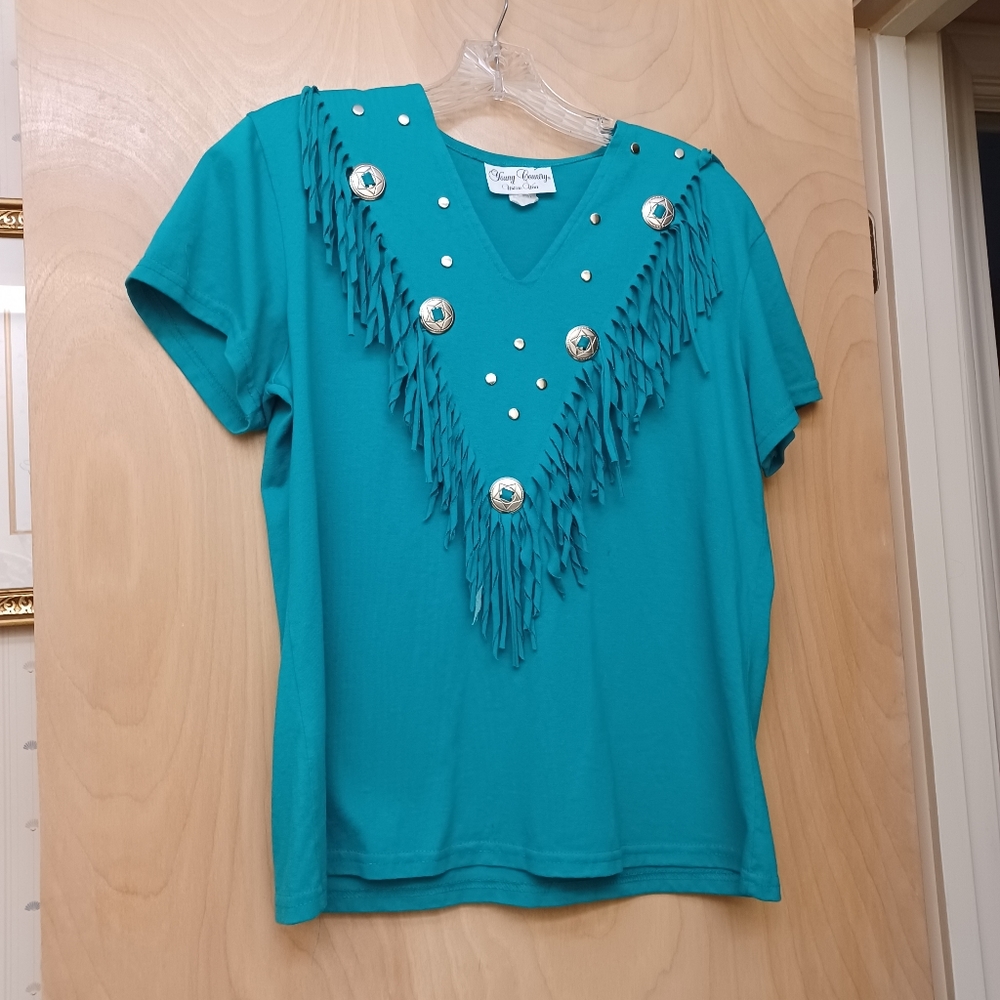 Young Country Western Wear Vintage Turqouise Teal Western Fringe Top M